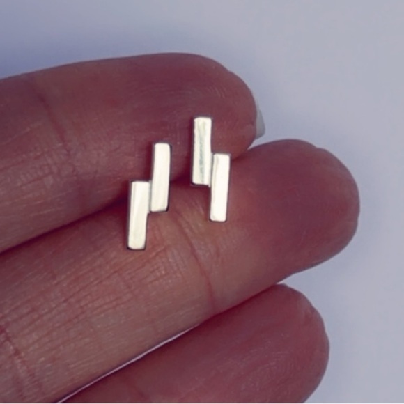 Sterling Silver Double Bar Stud Earrings - Minimalist and Chic Jewelry - Picture 3 of 12